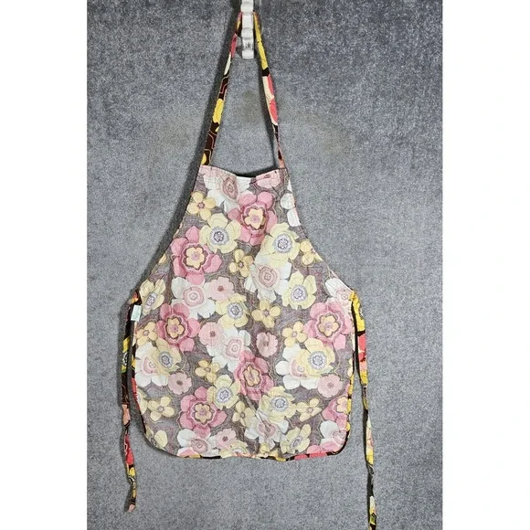 Vera Bradley Buttercup Floral Apron Pink Yellow Brown Cotton Pockets Tie Back - Picture 2 of 7